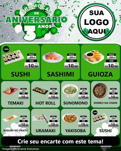 Modelo de Rede Social para Feed Instagram com o tema Promoção de Aniversário - 3 Anos para Comida japonesa
