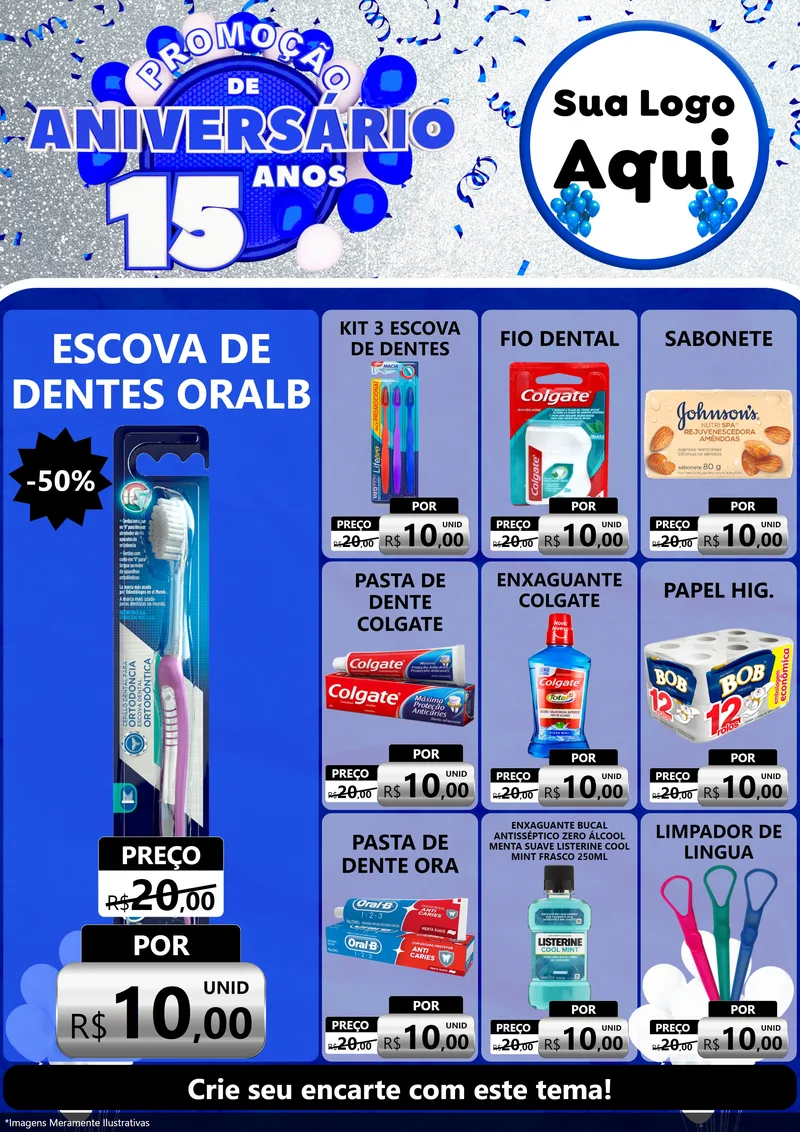 Modelo de Encarte para Encarte A4 Vertical com o tema Promoção de Aniversário - 15 Anos para Higiene Pessoal