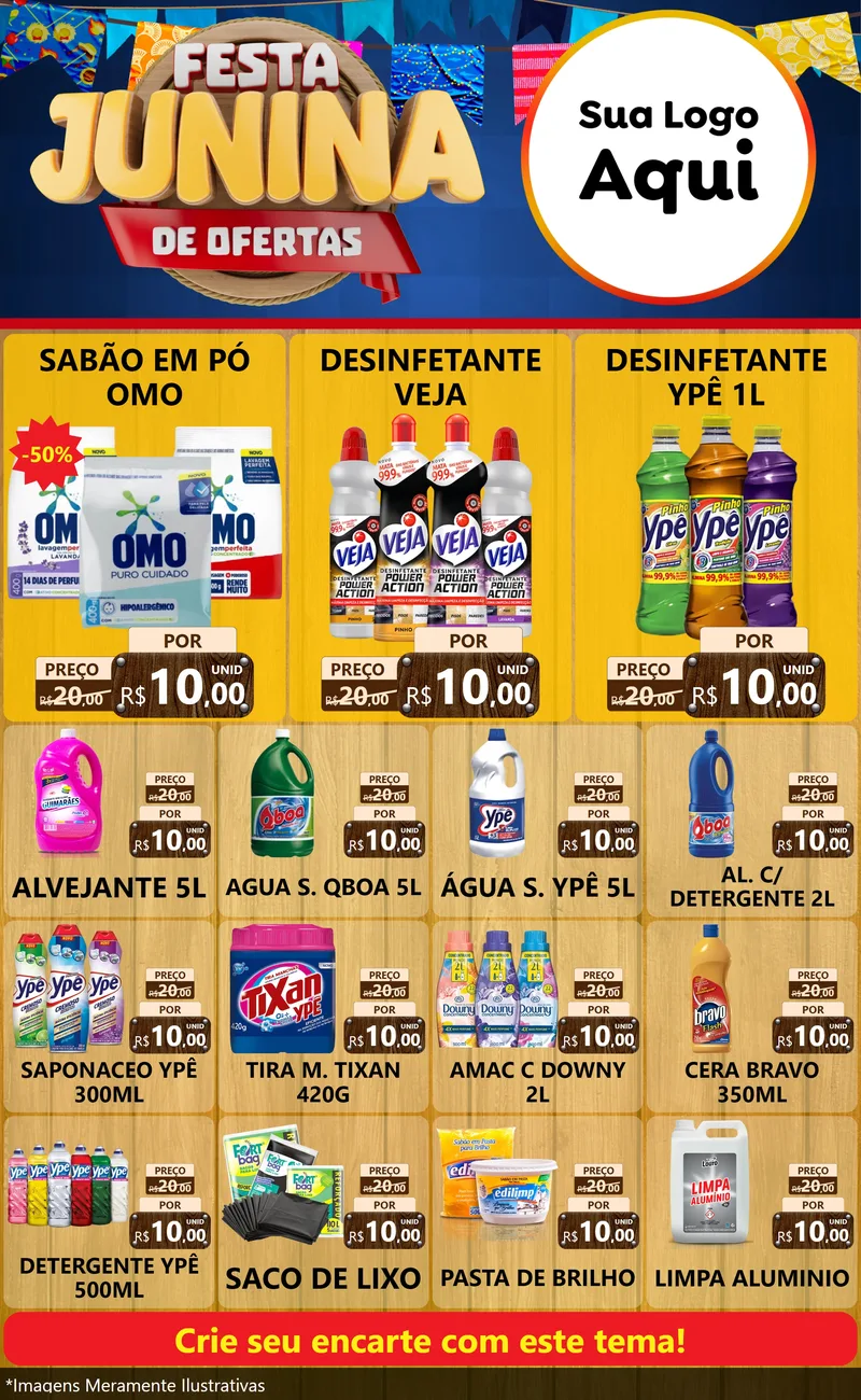 Modelo de Encarte para Encarte Grande com o tema Festa Junina de Ofertas para Produtos de Limpeza