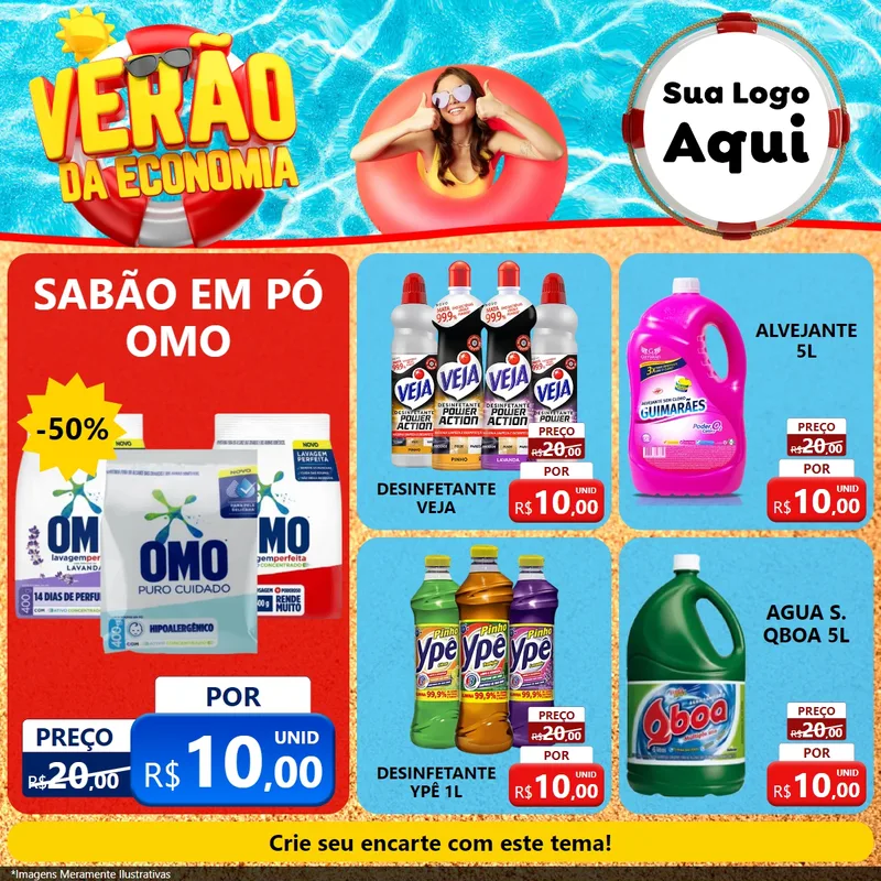 Modelo de Rede Social para Feed Facebook com o tema Verão da Economia para Produtos de Limpeza