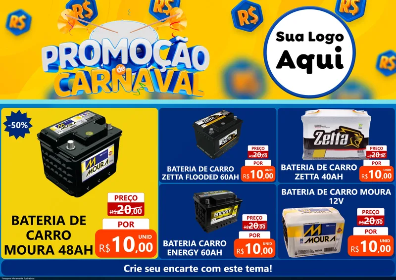 Modelo de Encarte para Encarte A4 Horizontal com o tema Promoção de Carnaval para Baterias Elétricas