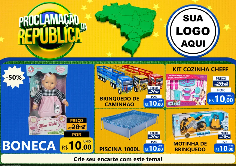 Modelo de Encarte para Encarte A4 Horizontal com o tema Proclamação da República para Brinquedos