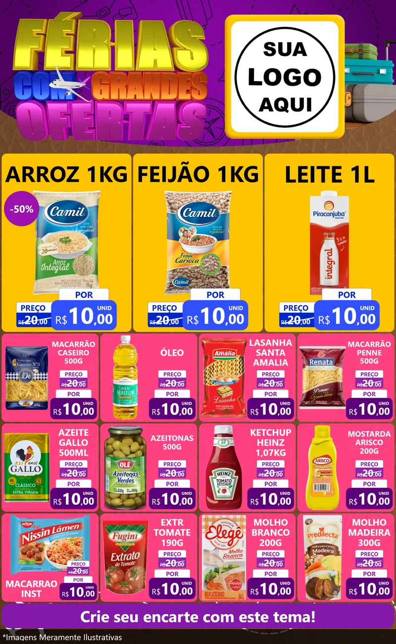 Modelo de Encarte para Encarte Grande com o tema Férias com Grandes Ofertas para Supermercado