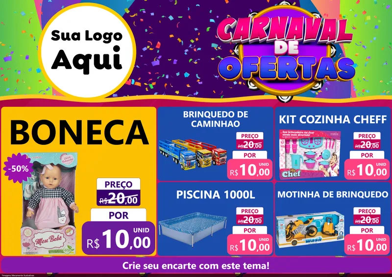 Modelo de Encarte para Encarte A4 Horizontal com o tema Carnaval de Ofertas para Brinquedos