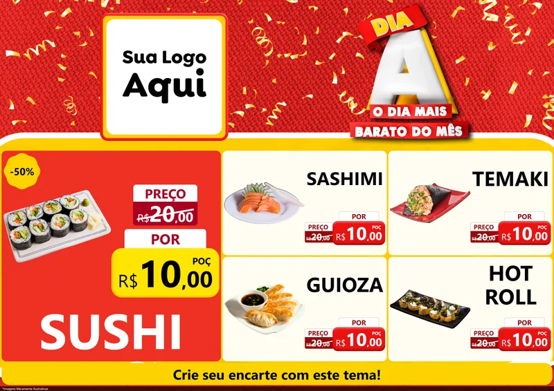 Modelo de Encarte para Encarte A4 Horizontal com o tema Dia A o Dia Mais Barato do Mês para Comida japonesa