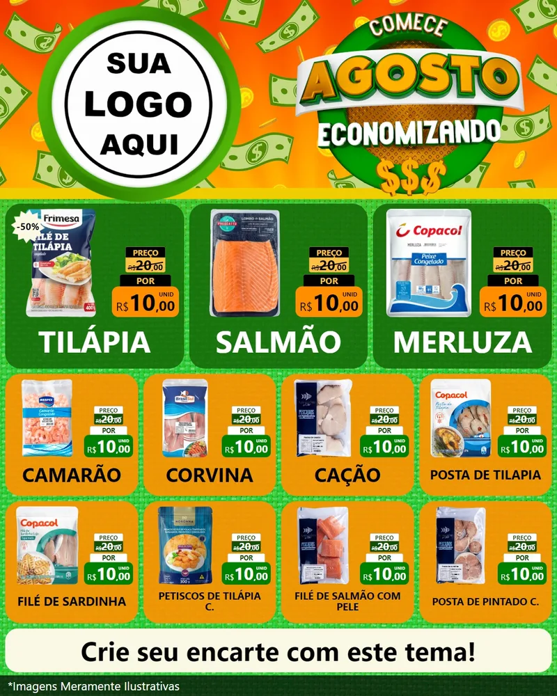 Modelo de Rede Social para Feed Instagram com o tema Comece Agosto Economizando para Peixaria