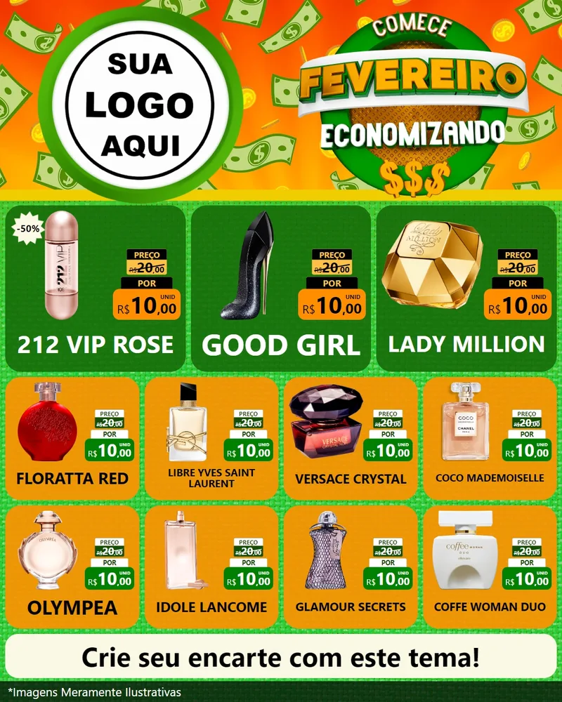 Modelo de Rede Social para Feed Instagram com o tema Comece Fevereiro Economizando para Perfumes