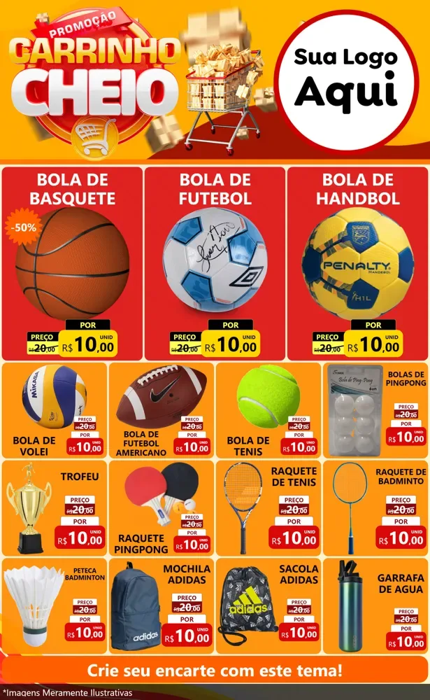 Modelo de Encarte para Encarte Grande com o tema Promoção carrinho cheio para Artigos Esportivos