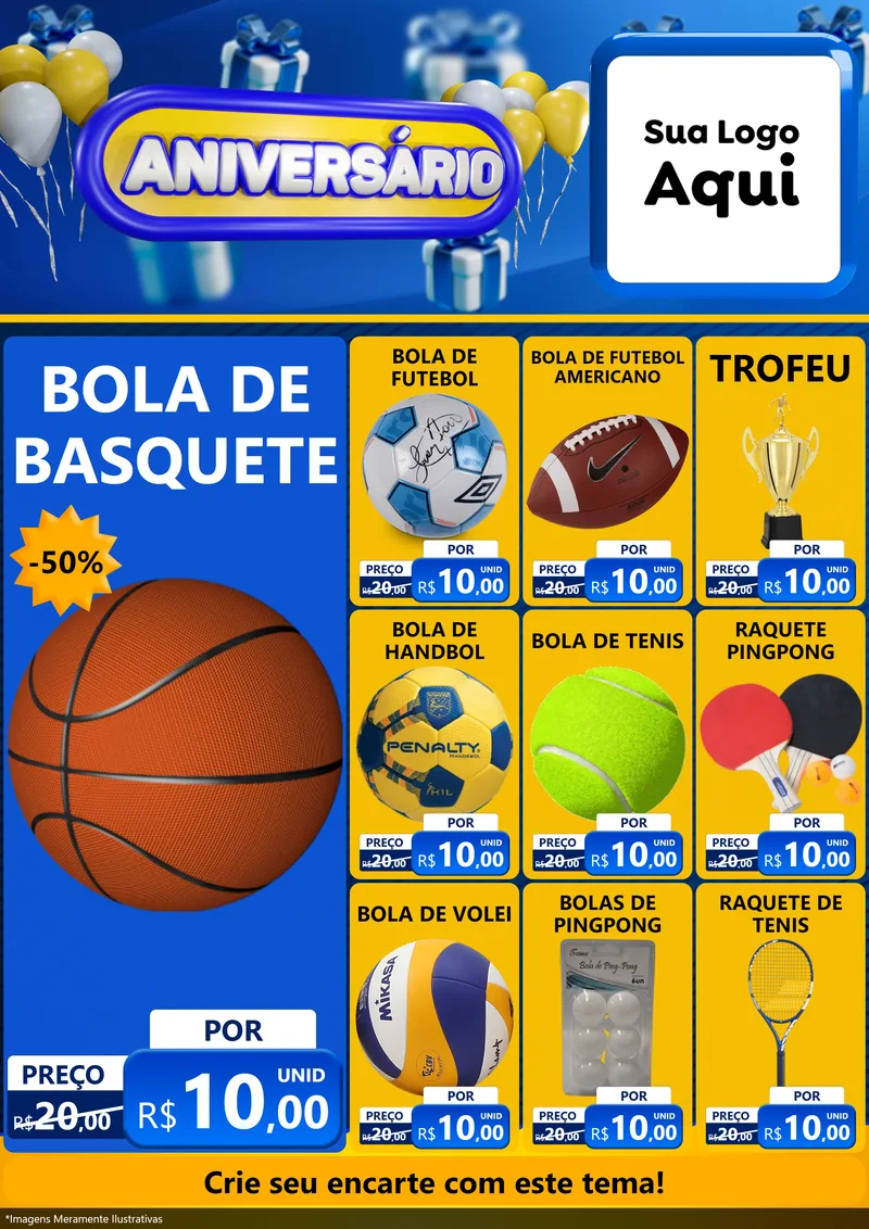 Modelo de Encarte para Encarte A4 Vertical com o tema Aniversário para Artigos Esportivos