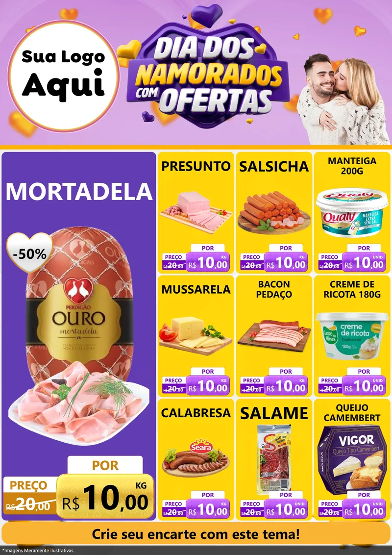 Modelo de Encarte para Encarte A4 Vertical com o tema Dia Dos Namorados Com Ofertas para Frios e Laticínios