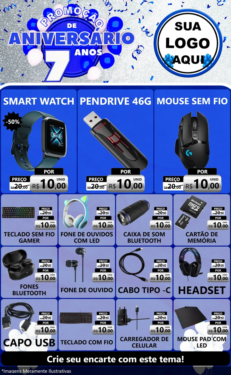Modelo de Encarte para Encarte Grande com o tema Promoção de Aniversário - 7 Anos para Informática