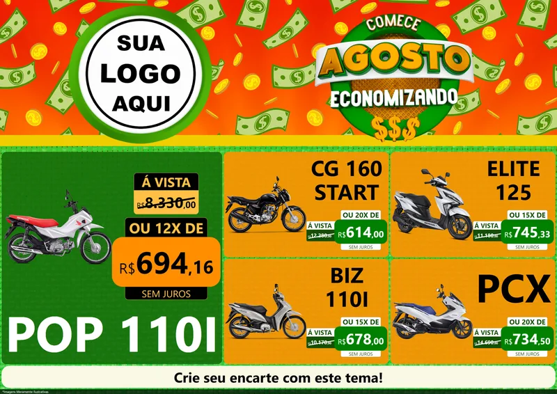 Modelo de Encarte para Encarte A4 Horizontal com o tema Comece Agosto Economizando para Concessionaria de Motos