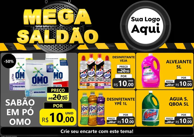 Modelo de Encarte para Encarte A4 Horizontal com o tema Mega Saldão para Produtos de Limpeza