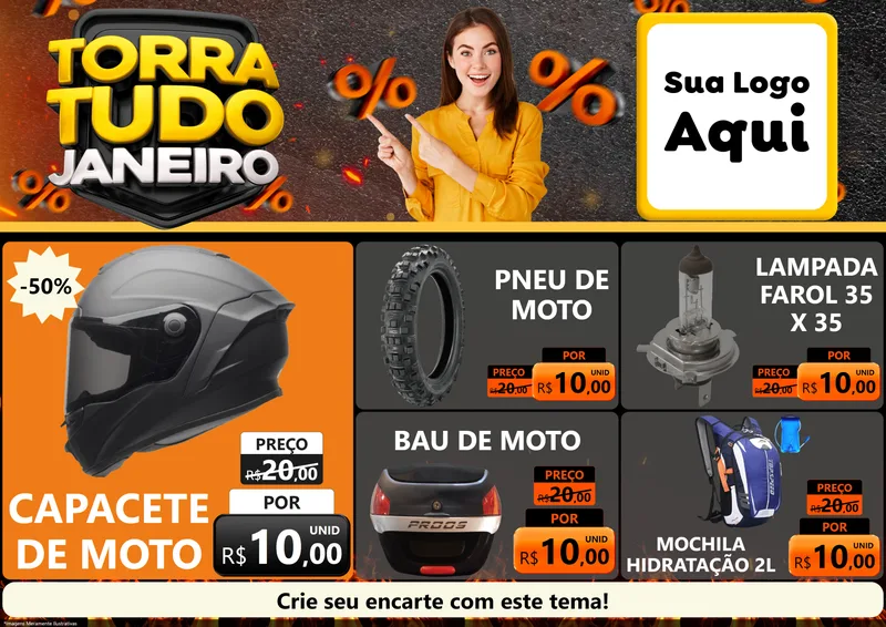 Modelo de Encarte para Encarte A4 Horizontal com o tema Torra Tudo Janeiro para Moto peças