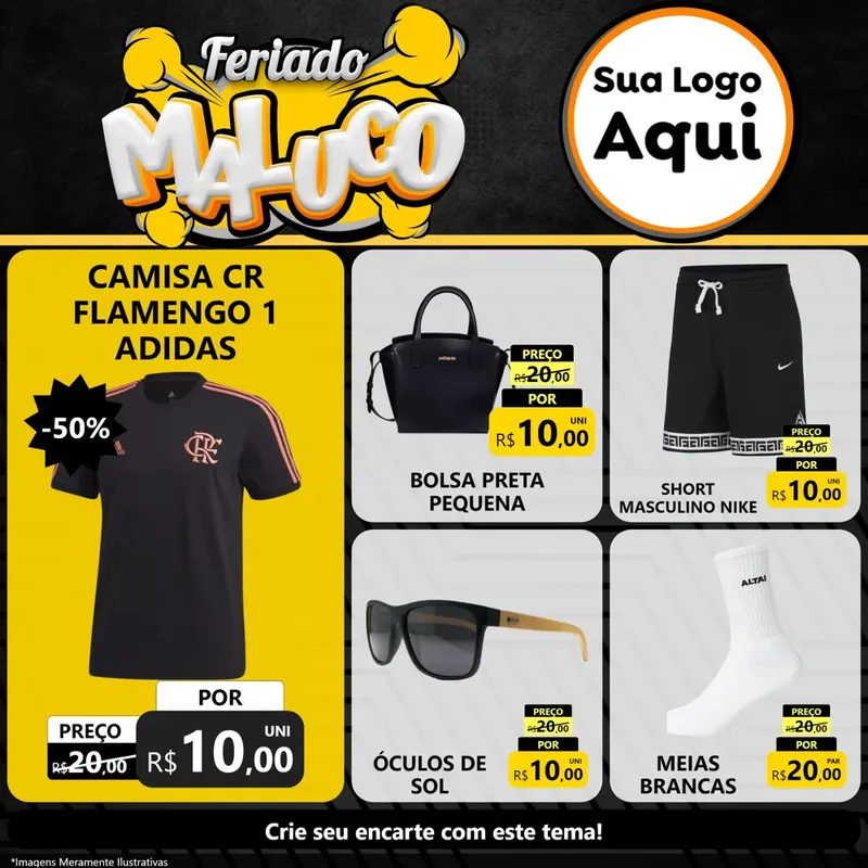 Modelo de Rede Social para Feed Facebook com o tema Feriado Maluco para Roupas e acessórios