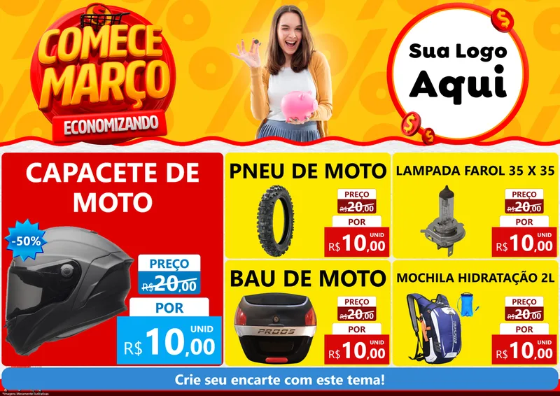Modelo de Encarte para Encarte A4 Horizontal com o tema Comece Março Economizando para Moto peças
