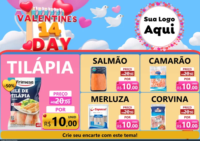 Modelo de Encarte para Encarte A4 Horizontal com o tema Valentine's Day para Peixaria