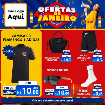 Modelo de Rede Social para Feed Facebook com o tema Ofertas de Janeiro para Roupas e acessórios