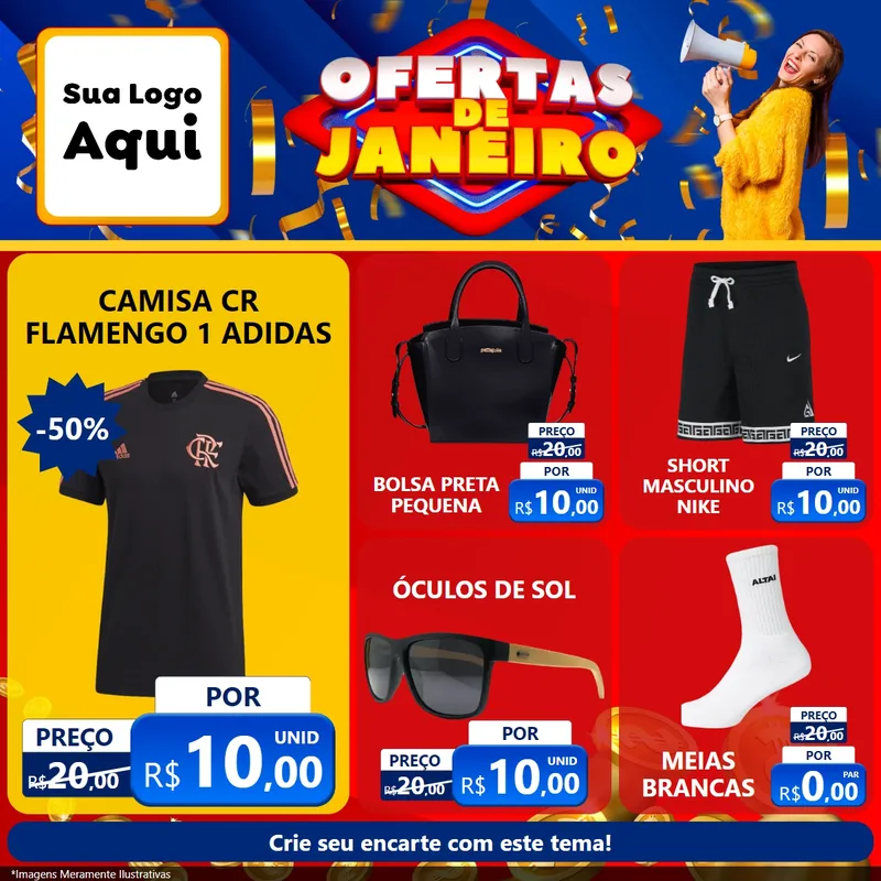 Modelo de Rede Social para Feed Facebook com o tema Ofertas de Janeiro para Roupas e acessórios