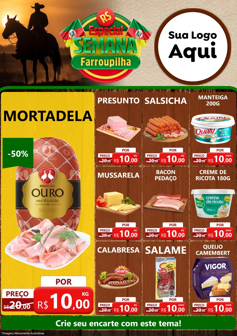Modelo de Encarte para Encarte A4 Vertical com o tema Especial Semana Farroupilha para Frios e Laticínios