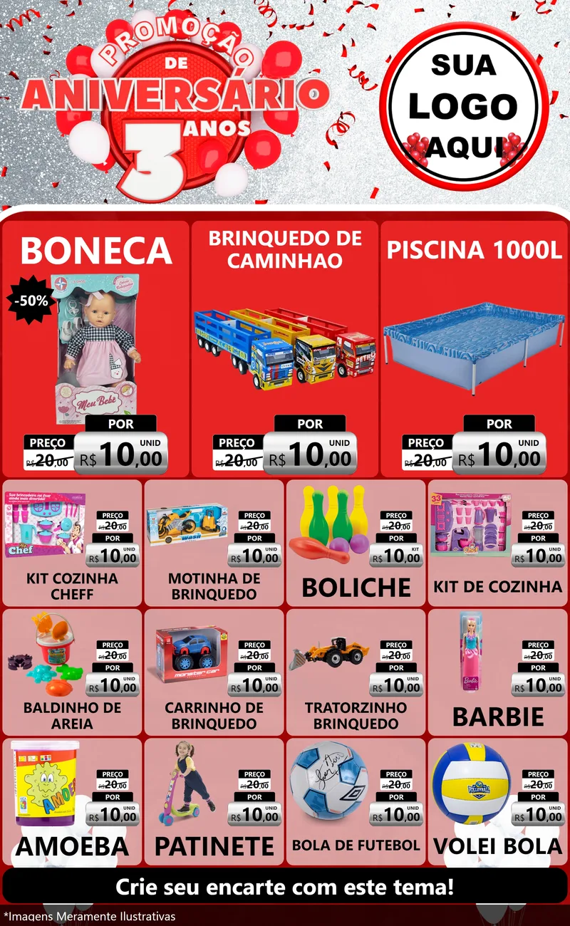 Modelo de Encarte para Encarte Grande com o tema Promoção de Aniversário - 3 Anos para Brinquedos