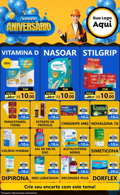 Modelo de Encarte para Encarte Grande com o tema Semana de Aniversário para Farmácia