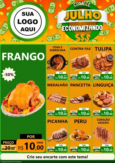 Modelo de Encarte para Encarte A4 Vertical com o tema Comece Julho Economizando para Assados