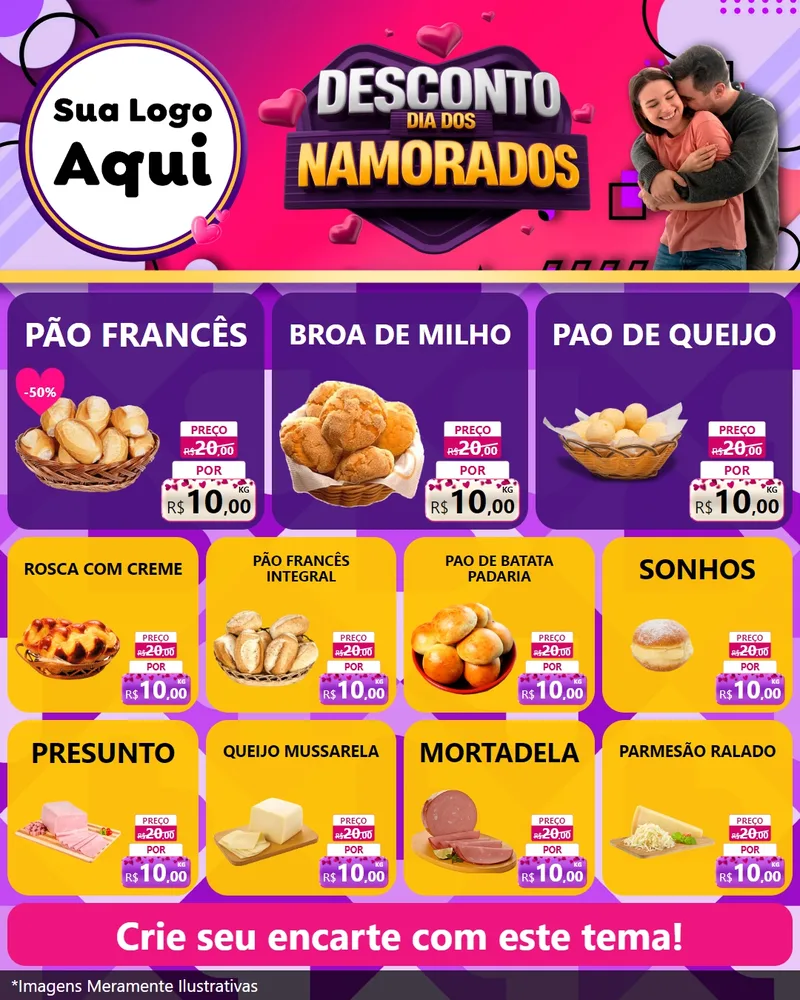 Modelo de Rede Social para Feed Instagram com o tema Desconto Dia dos Namorados para Padaria