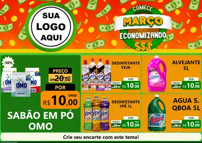 Modelo de Encarte para Encarte A4 Horizontal com o tema Comece Março Economizando para Produtos de Limpeza