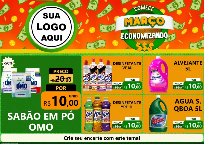Modelo de Encarte para Encarte A4 Horizontal com o tema Comece Março Economizando para Produtos de Limpeza