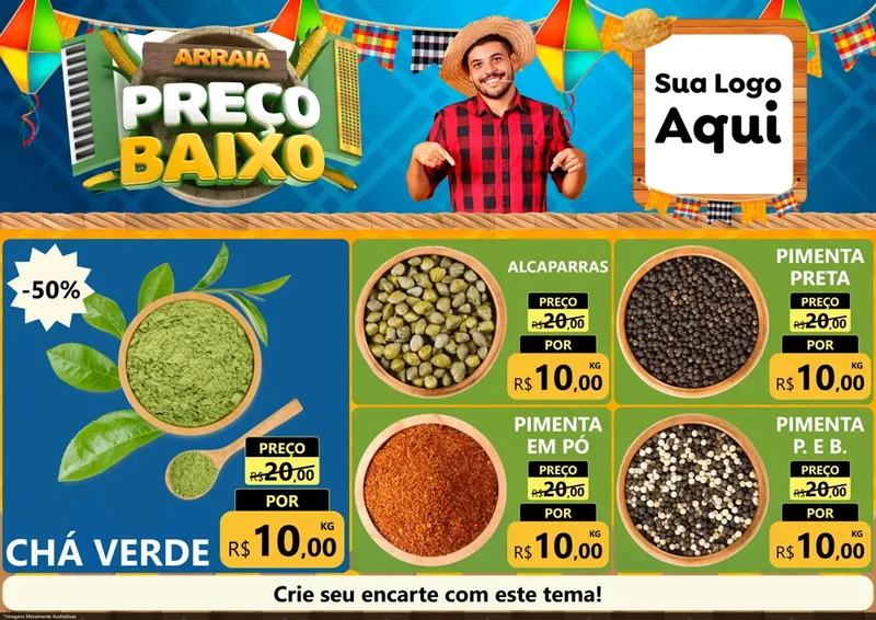 Modelo de Encarte para Encarte A4 Horizontal com o tema Arraiá de Preço Baixo - Junina para Produtos Naturais