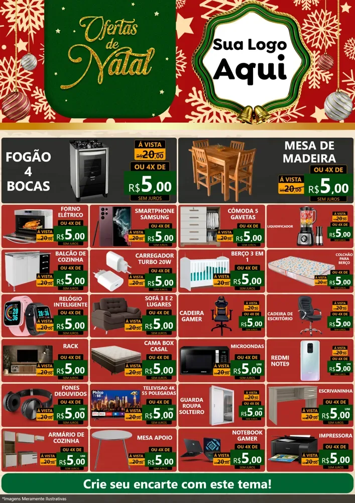 Modelo de Encarte para Encarte A4 Vertical com o tema Natal de Ofertas para Móveis e Eletro