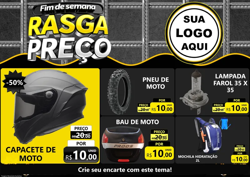 Modelo de Encarte para Encarte A4 Horizontal com o tema Fim de Semana Rasga Preço para Moto peças