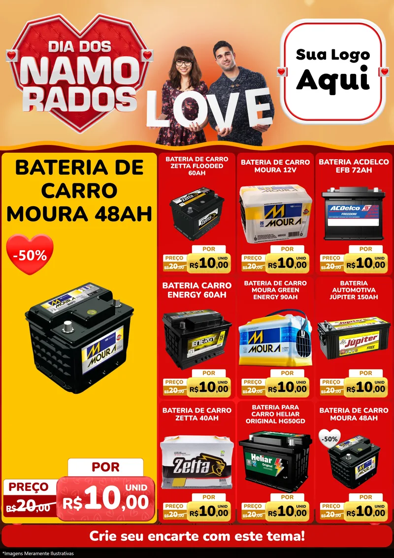 Modelo de Encarte para Encarte A4 Vertical com o tema Dia dos Namorados para Baterias Elétricas