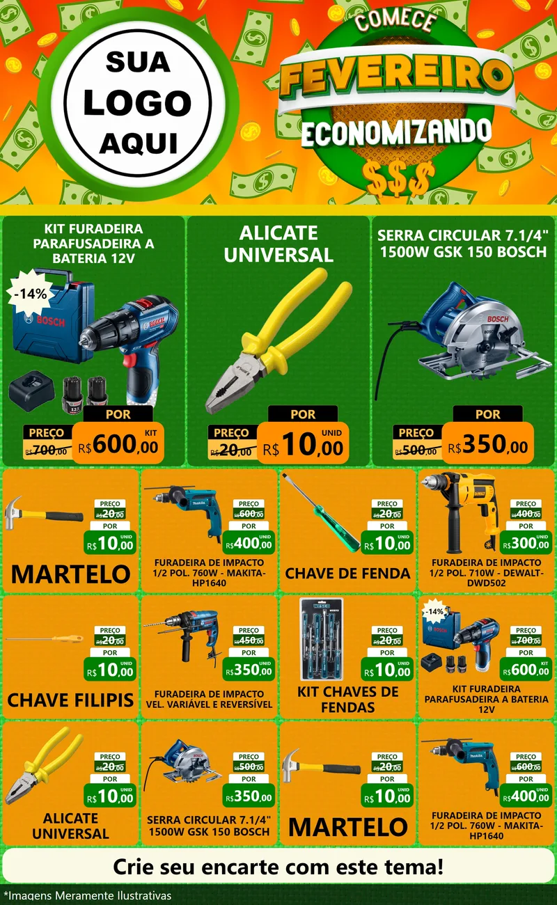 Modelo de Encarte para Encarte Grande com o tema Comece Fevereiro Economizando para Maquinas e Ferramentas