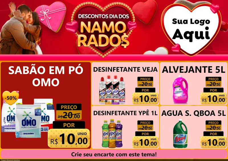 Modelo de Encarte para Encarte A4 Horizontal com o tema Descontos Dia dos Namorados para Produtos de Limpeza