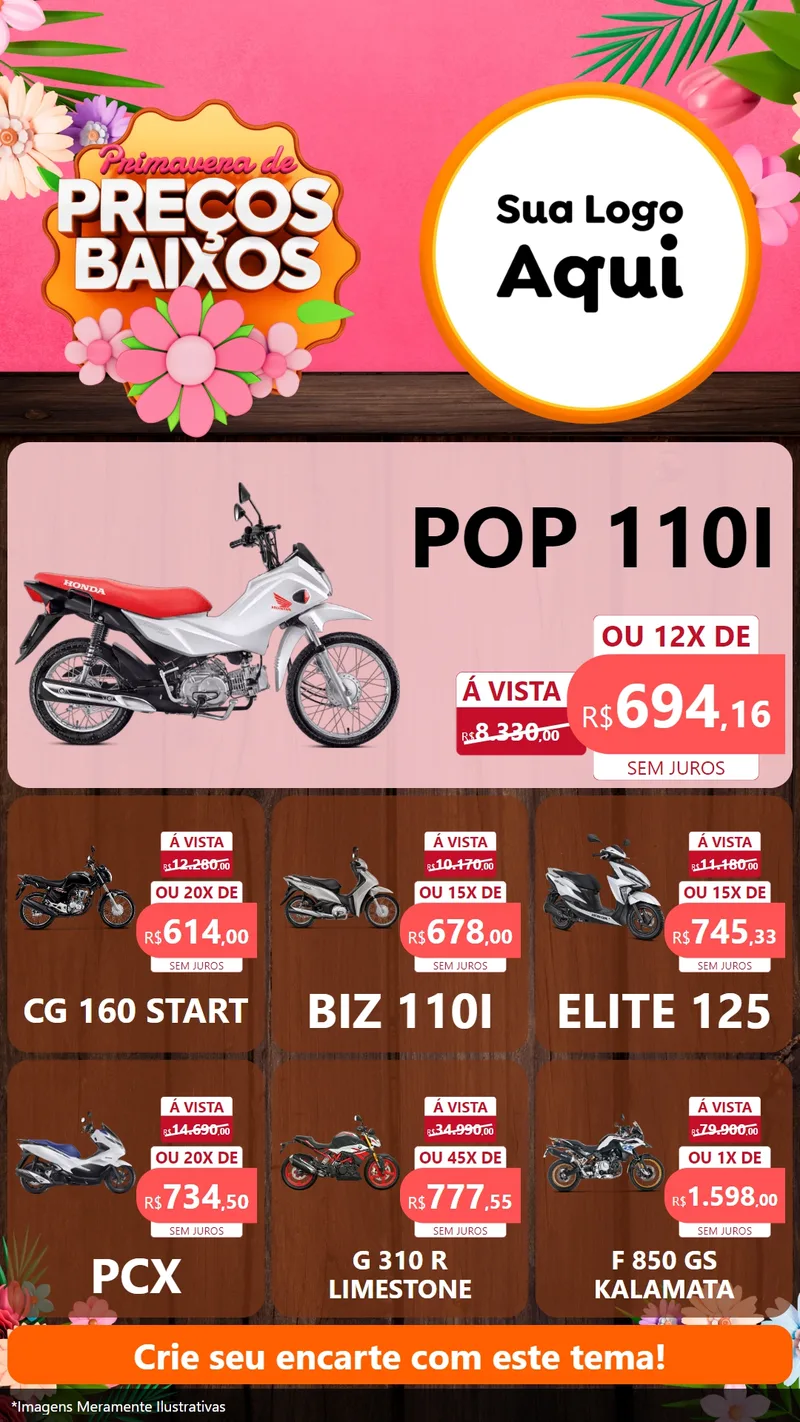 Modelo de Rede Social para Stories com o tema Primavera de Preços Baixos para Concessionaria de Motos