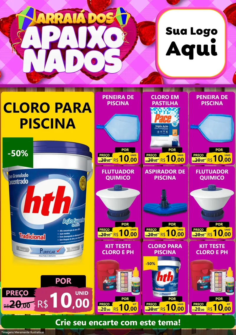 Modelo de Encarte para Encarte A4 Vertical com o tema Arraiá dos Apaixonados para Produtos para Piscina