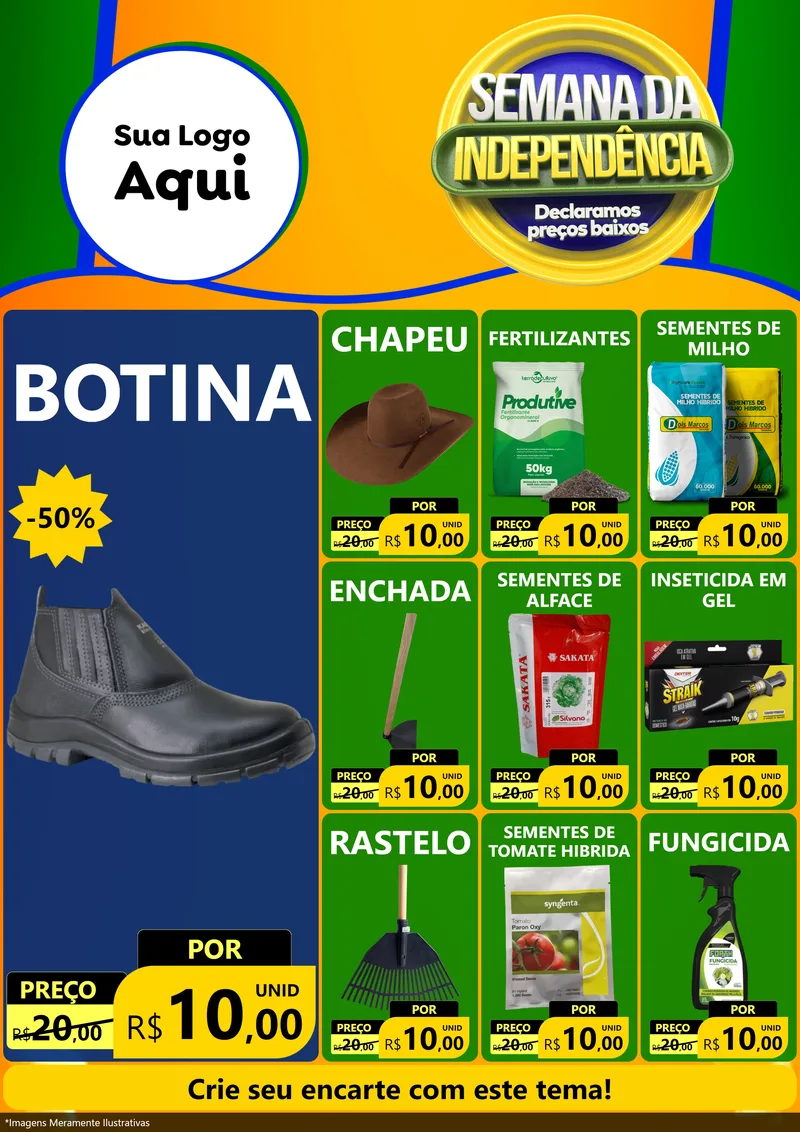 Modelo de Encarte para Encarte A4 Vertical com o tema Semana da Independência Declaramos Preços Baixos para Agropecuária