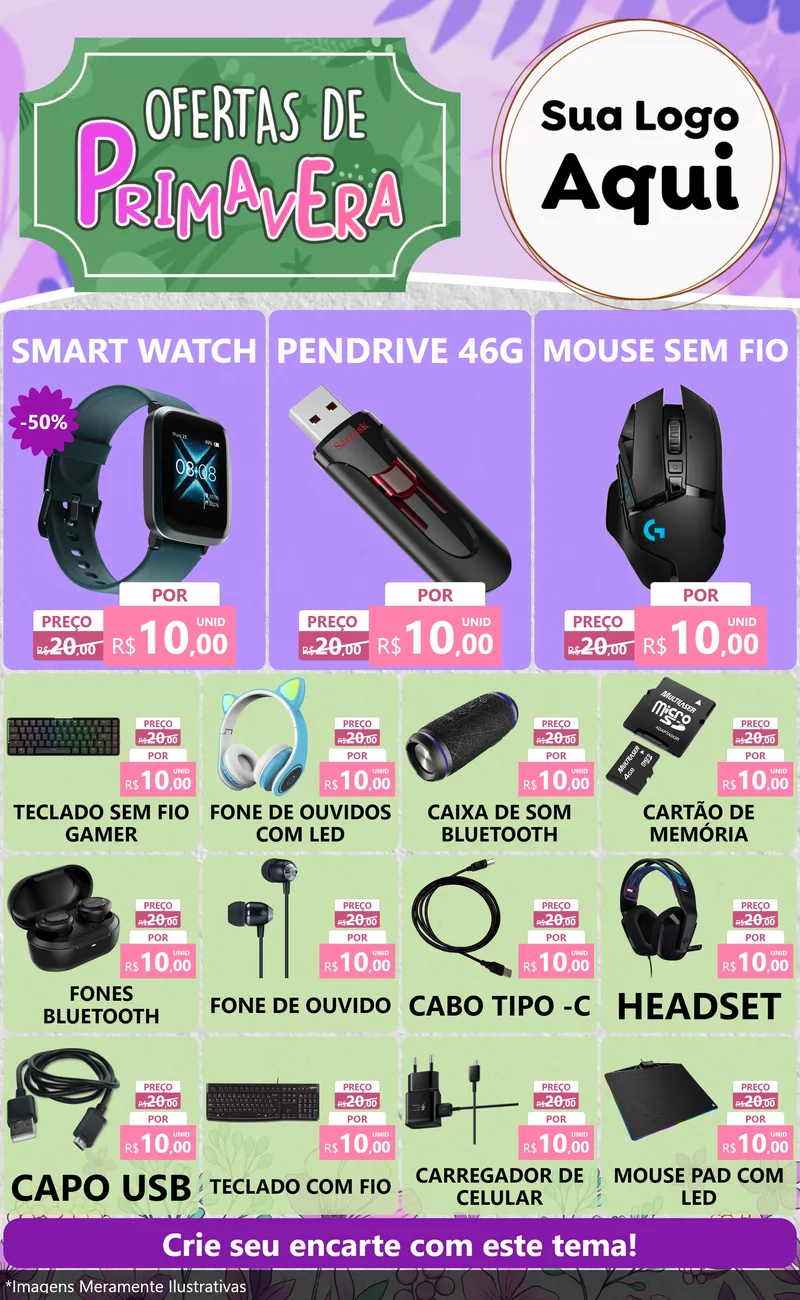 Modelo de Encarte para Encarte Grande com o tema Ofertas de Primavera para Informática