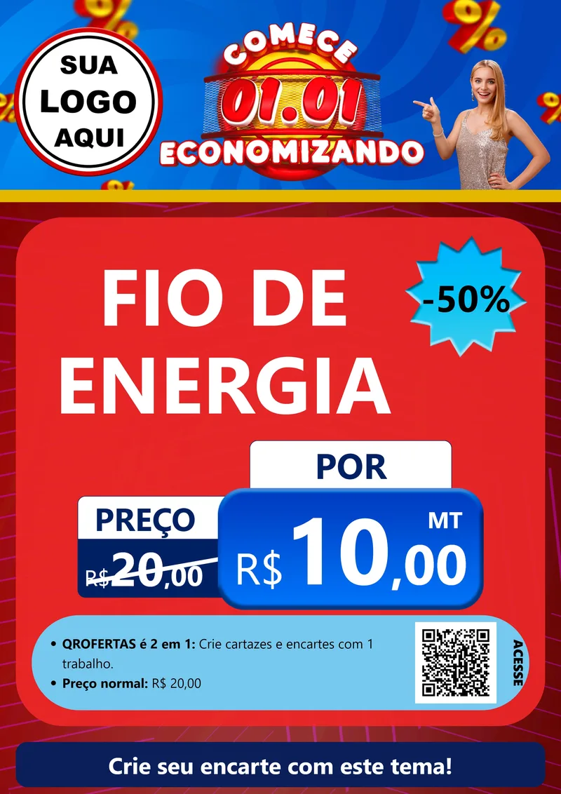 Modelo de Cartaz para Cartaz A4 Vertical com o tema Comece 1º de Janeiro Economizando para Materiais Elétricos