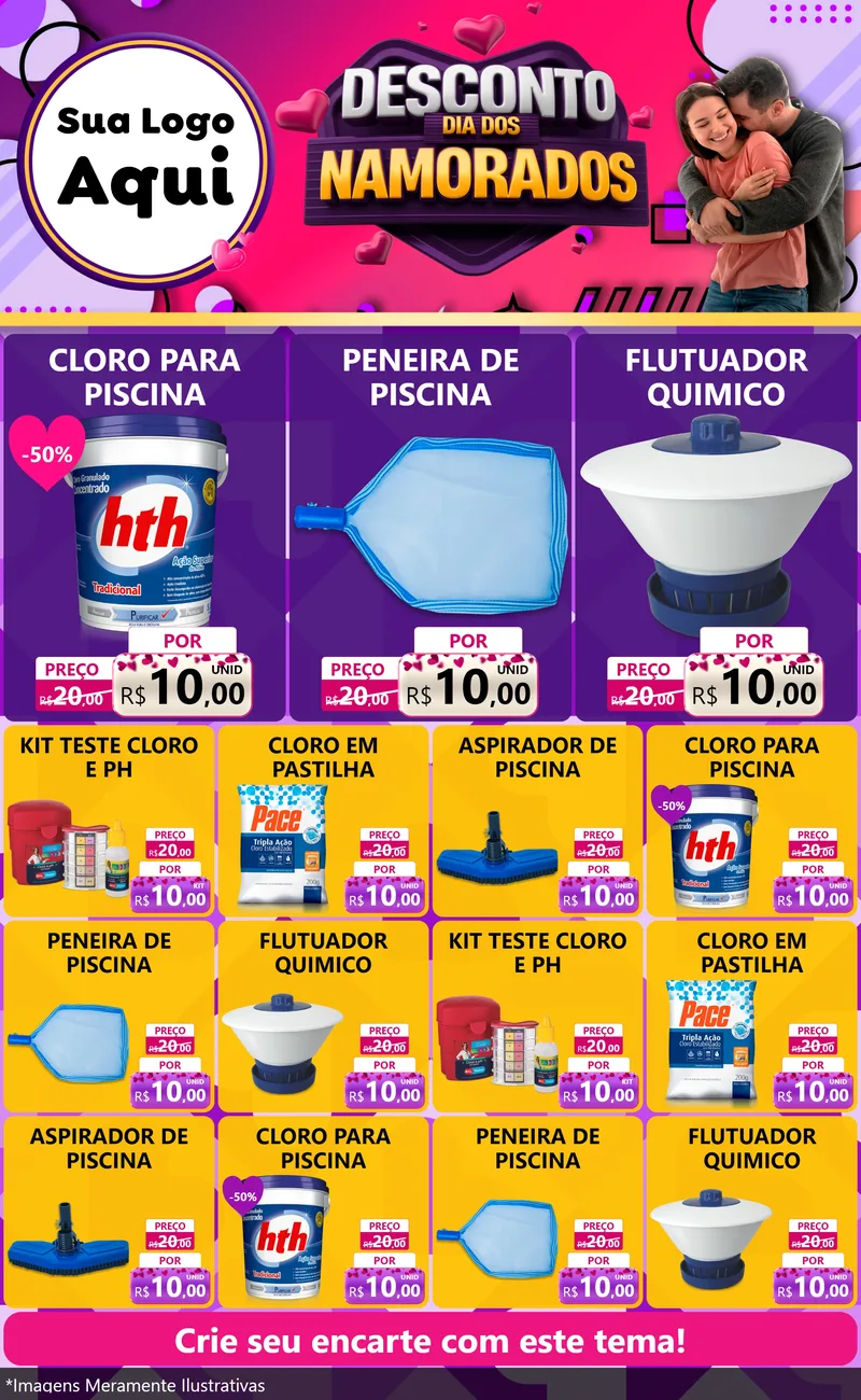 Modelo de Encarte para Encarte Grande com o tema Desconto Dia dos Namorados para Produtos para Piscina