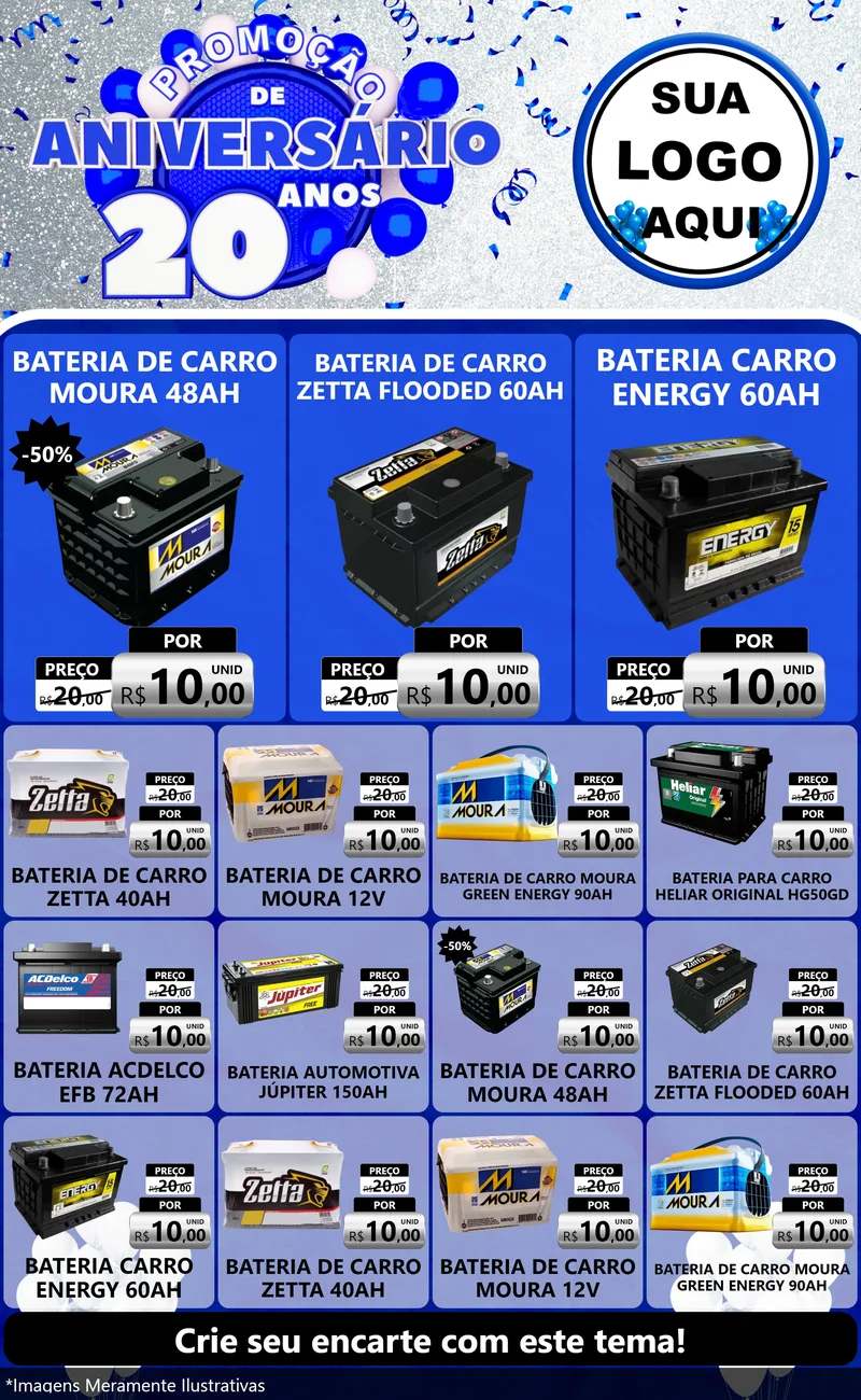 Modelo de Encarte para Encarte Grande com o tema Promoção de Aniversário - 20 Anos para Baterias Elétricas