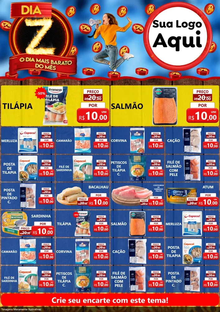 Modelo de Encarte para Encarte A4 Vertical com o tema Dia Z - O Dia Mais Barato Do Mês para Peixaria