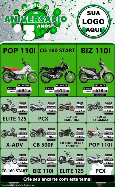 Modelo de Encarte para Encarte Grande com o tema Promoção de Aniversário - 3 Anos para Concessionaria de Motos