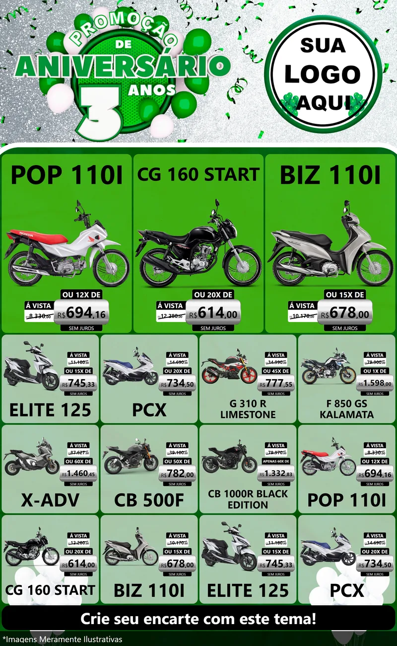 Modelo de Encarte para Encarte Grande com o tema Promoção de Aniversário - 3 Anos para Concessionaria de Motos