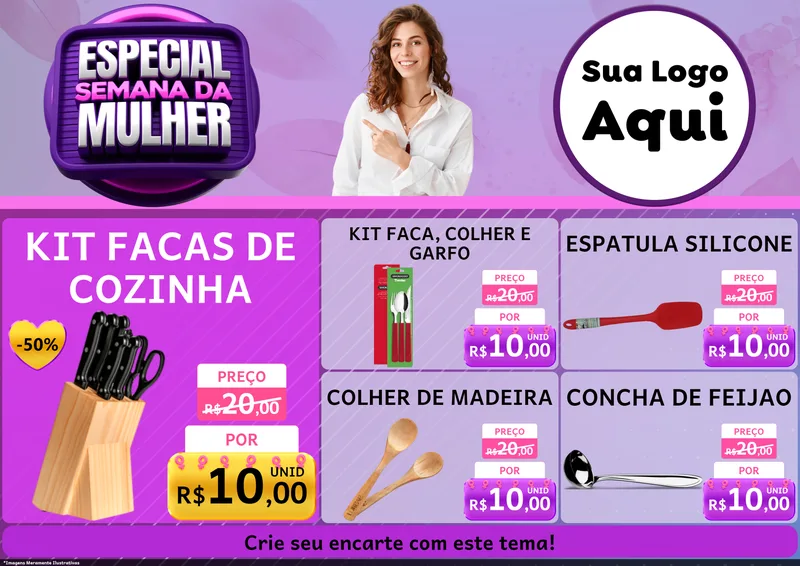 Modelo de Encarte para Encarte A4 Horizontal com o tema Especial Semana da Mulher para Utilidades Domésticas