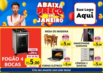 Modelo de Encarte para Encarte A4 Horizontal com o tema Abaixa Preço em Janeiro para Móveis e Eletro