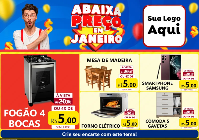 Modelo de Encarte para Encarte A4 Horizontal com o tema Abaixa Preço em Janeiro para Móveis e Eletro