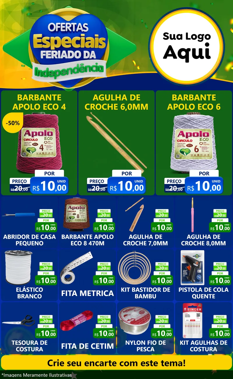 Modelo de Encarte para Encarte Grande com o tema Ofertas Especiais Feriado da Independência para Armarinho e Aviamentos